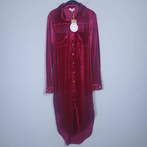 Umgee Womens Velvet Button Up Midi Shirt Dress Red Sz Large Long Sleeve Glam NWT - Picture 1 of 7